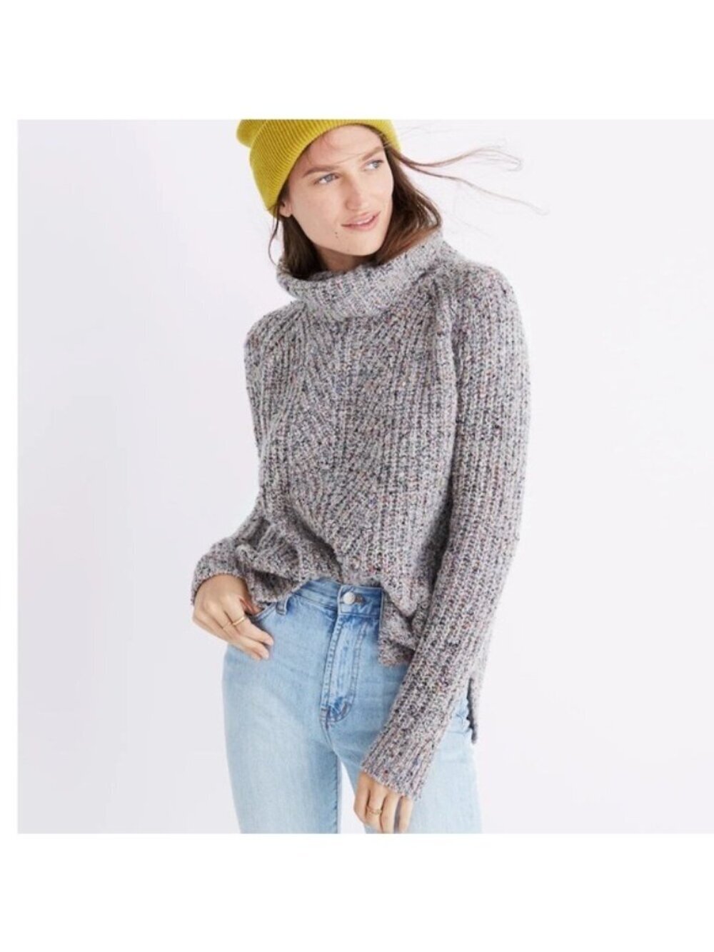 Madewell Colorfleck Ribbed Turtleneck Sweater Size XS Slouchy Side Slits Cozy Pr